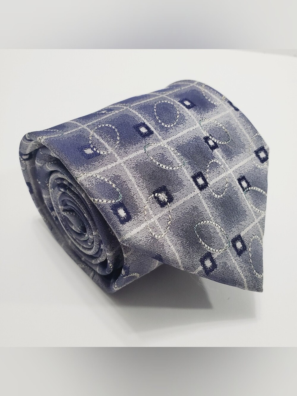 Leo Chevalier Men's Silk Neck Tie Silver & Blue Geometric Pattern 61x3.75"